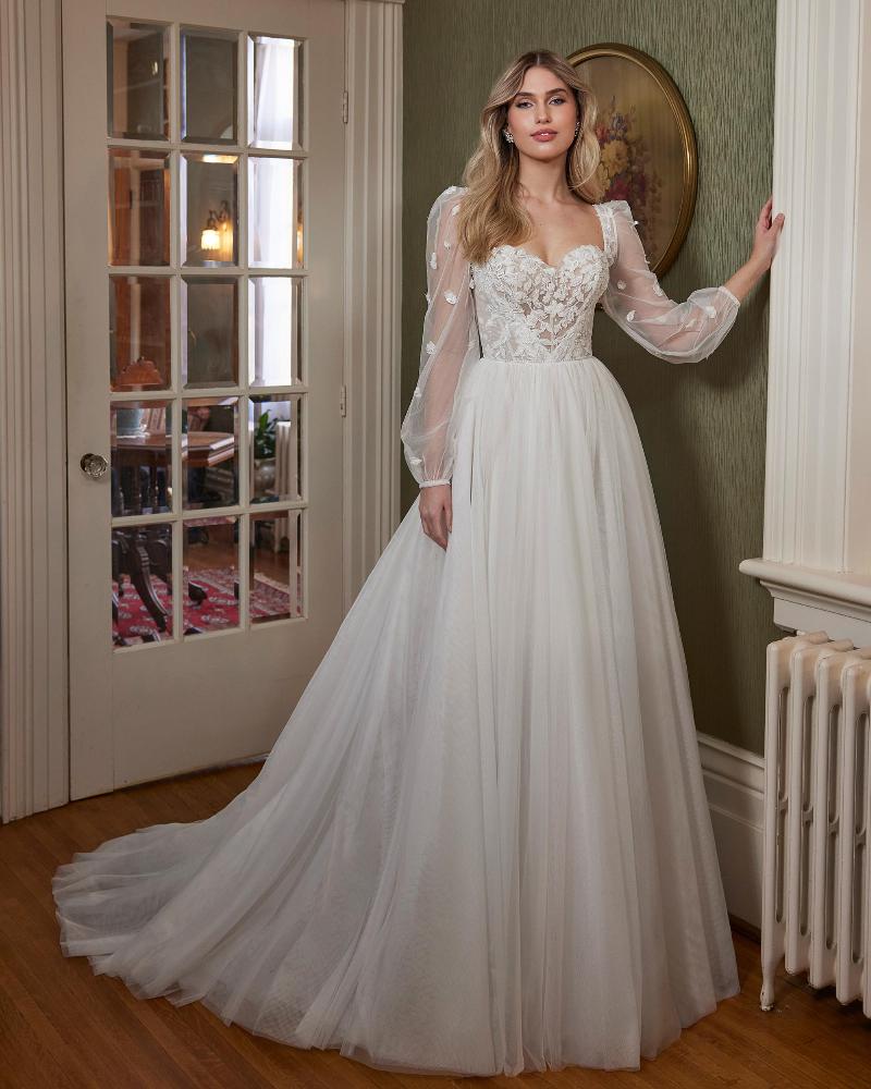 La23250 simple a line tulle wedding dress with sleeves and lace1